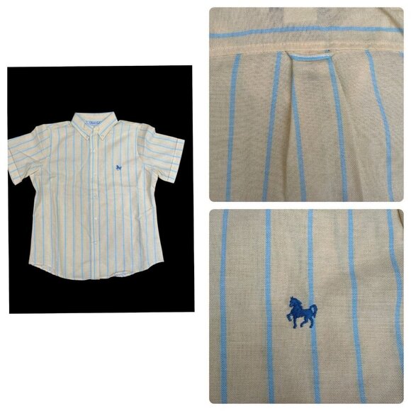 Vtg Yellow, Teal Vertical Stripes Women's Button Down Polo HUNTER'S GLEN Size 10 - Picture 1 of 11